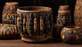 Collection of traditional African artifacts with decorated djembe drums