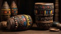 Collection of traditional African artifacts with decorated djembe drums Royalty Free Stock Photo