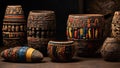 Collection of traditional African artifacts with decorated djembe drums