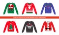 Collection of 6 traditional Christmas Party colorful ugly vector sweater with reindeer, dog, deer, Santa costume, Xmas tree and to