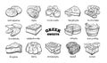 Collection of traditional Greek desserts. Hand drawn sketch in doodle style