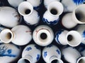 Collection of traditional Japanese ceramic white and blue sake pitchers or tokkuri Royalty Free Stock Photo