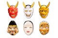 Collection of Traditional Japanese red, white and golden devil mask Kabuki Mask on white background Royalty Free Stock Photo