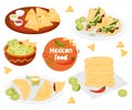 Collection traditional Mexican food Quesadilla, Taco, Empanadas, corn tortillas and guacamole with nachos. Isolated