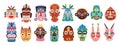 Collection of traditional ritual or ceremonial African, Hawaiian or Aztec masks shaped after human face or animal`s