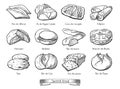 Collection of traditional Spanish types of bread. Hand drawn sketch in doodle style