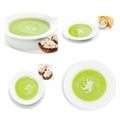 Collection of traditional spinach cream soup with croutons on a