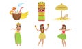 Collection of Traditional Symbols of Hawaiian Culture, Coconut Cocktail, Tiki Mask, Straw Umbrella, Beautiful Girls