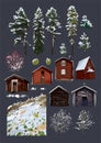 Collection of traditionsl scandinavian houses, coniferous trees, bushes and fields, covered with snow Royalty Free Stock Photo