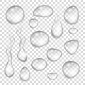 Collection of transparent gray drops of pure clear water.