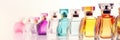 Colorful Fragrance Collection: Transparent Glass Perfume Bottles on Light Background, generative AI Royalty Free Stock Photo