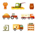 Collection and transportation grain and baking set. Green harvester mowing wheat and tractor trailer carrying golden