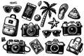 A collection travel items including a backpack, camera, and sunglasses Royalty Free Stock Photo