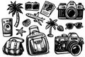 collection travel items including a camera, sunglasses, and handbag Royalty Free Stock Photo