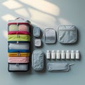 A collection of travel organizers and toiletry bottles arranged neatly on a light blue surface Royalty Free Stock Photo