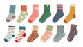 Collection of trendy cotton and woolen socks with different textures isolated on white background vector illustration