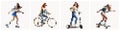 Collection of Trendy Pixel art. People and sport. Pixelated girls use skateboard, bicycale, scooter, rollers. for Cyber