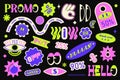 Collection of trendy promo labels tags, stickers, stamps for shopping and packaging, discounts. Vector set Y2K modern