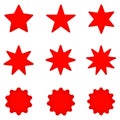 Collection of trendy retro stars shapes. Sunburst design elements set. Bursting rays clip art. Red sparkles. Royalty Free Stock Photo