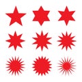 Collection of trendy retro stars shapes. Sunburst design elements set. Bursting rays clip art. Red sparkles. Best for sale sticker Royalty Free Stock Photo