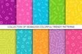 Collection of trendy seamless bright vector patterns - memphis design. Colorful creative backgrounds - retro fashion Royalty Free Stock Photo