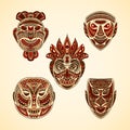 Collection of Tribal mask. Retro hand drawn