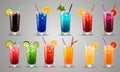 collection twelve colorful cocktails, each with unique garnish and straw, is arranged in grid-like pattern