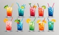 collection twelve colorful cocktails, each with unique garnish and straw, is arranged in grid-like pattern