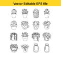 collection of twelve handdrawn vector succulent and cactus plant illustrations in various pots and containers, isolated on white Royalty Free Stock Photo