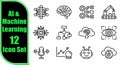 Collection of twelve icons representing artificial intelligence and machine learning concepts Royalty Free Stock Photo