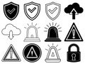 Security & Alert System Icons Black and White Shield, Cloud, Lock, Warning Signs