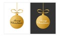 Collection of two black and white vector illustration with gold christmas balls and Merry Christmas phrase. Royalty Free Stock Photo