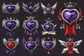 Collection of Unique Heart-Shaped Emblems with Wings and Crowns for Graphic Design Royalty Free Stock Photo