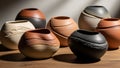 Of uniquely shaped ceramic pots sits on a wooden surface, each featuring Royalty Free Stock Photo