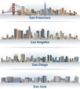 Vector collection of United States city skylines: San Francisco, Los Angeles, San Diego and San Jose