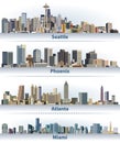 Vector collection of United States city skylines: Seattle, Phoenix, Atlanta and Miami