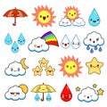 Collection of unusual cartoon and funny smiley weather icons. cute style. Sunny, cloudy, rainy, windy, shiny, bubbles