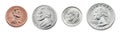 Collection of US coins in the united states one, half, quarter dollar and 1 cent coin. A quarter, dime, nickel, penny. the most
