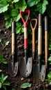 A collection of used gardening tools on the ground, cultivator, texture, spade Royalty Free Stock Photo