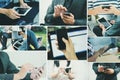 Collection of using tablet and smartphone on hands.