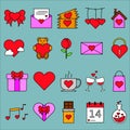 A collection of Valentine's Day icons in various shades of pink and red