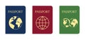 Collection Of Varicoloured Passports With Globes. Green, Blue, Red. Flat Style Vector Illustration