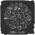 Collection of varied baby food. Hand drawn organic food for kids. Fresh vegetables and fruits Royalty Free Stock Photo