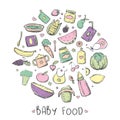 Collection of varied colorful baby food. Hand drawn organic food for kids. Fresh vegetables and fruits Royalty Free Stock Photo