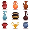 Flat vector set of various amphoras. Ancient Greek or Roman pottery for wine or oil. Old clay jugs with ornaments. Shiny