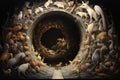 A collection of various animals gathered inside a tunnel, An art piece depicting animals creating complex tunnels, AI Generated