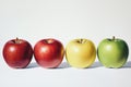 Collection of various apple varieties displayed side by side on a white background. Royalty Free Stock Photo