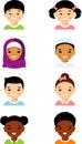 Set of different avatar arab, african american, european, asian children faces in colorful flat style.