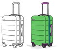 Collection of various baggage with wheels on white background, flat vector illustration