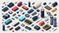 A collection of various batteries and electronic components in isometric view Royalty Free Stock Photo